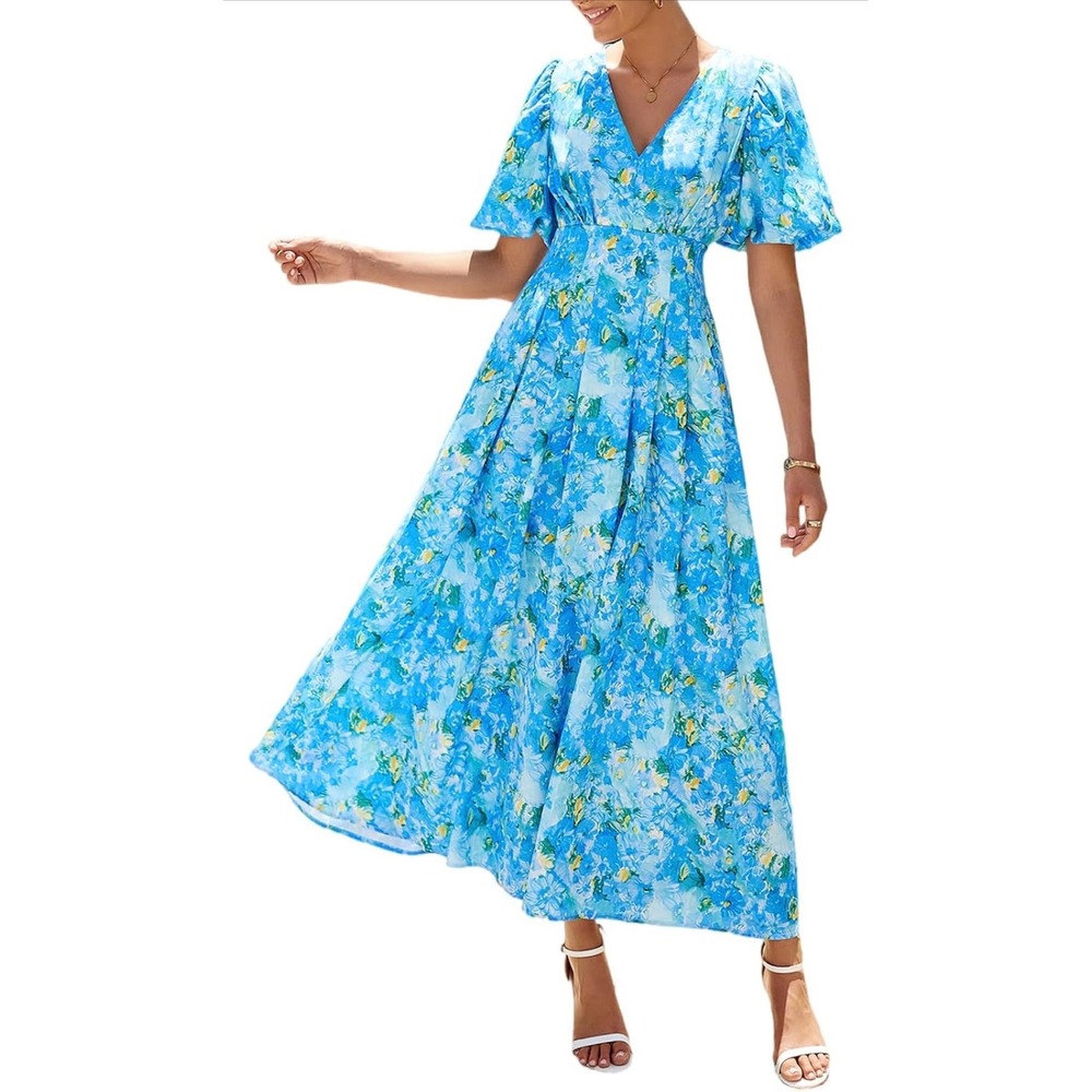 NWT SZ M Maxigerui Blue Floral V-Neck Maxi Dress Short Puff Sleeve Smocked Back